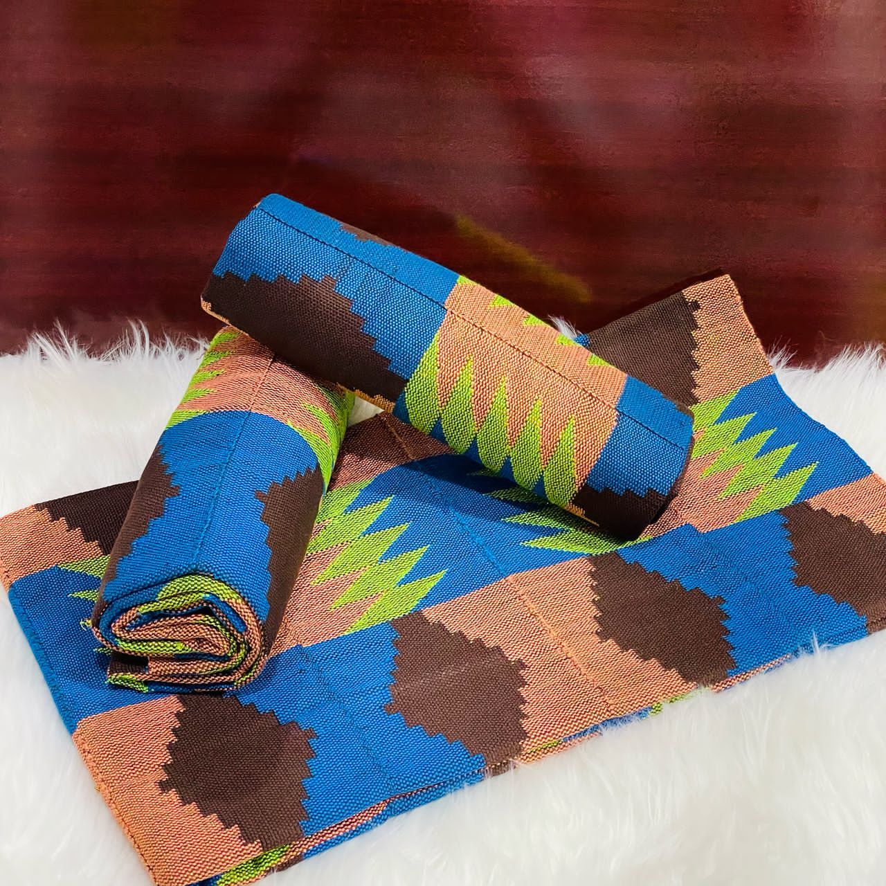 6 Yards Hand Woven Kente Fabric - For woman- FulL Design/plain option-Light Blue/Peach