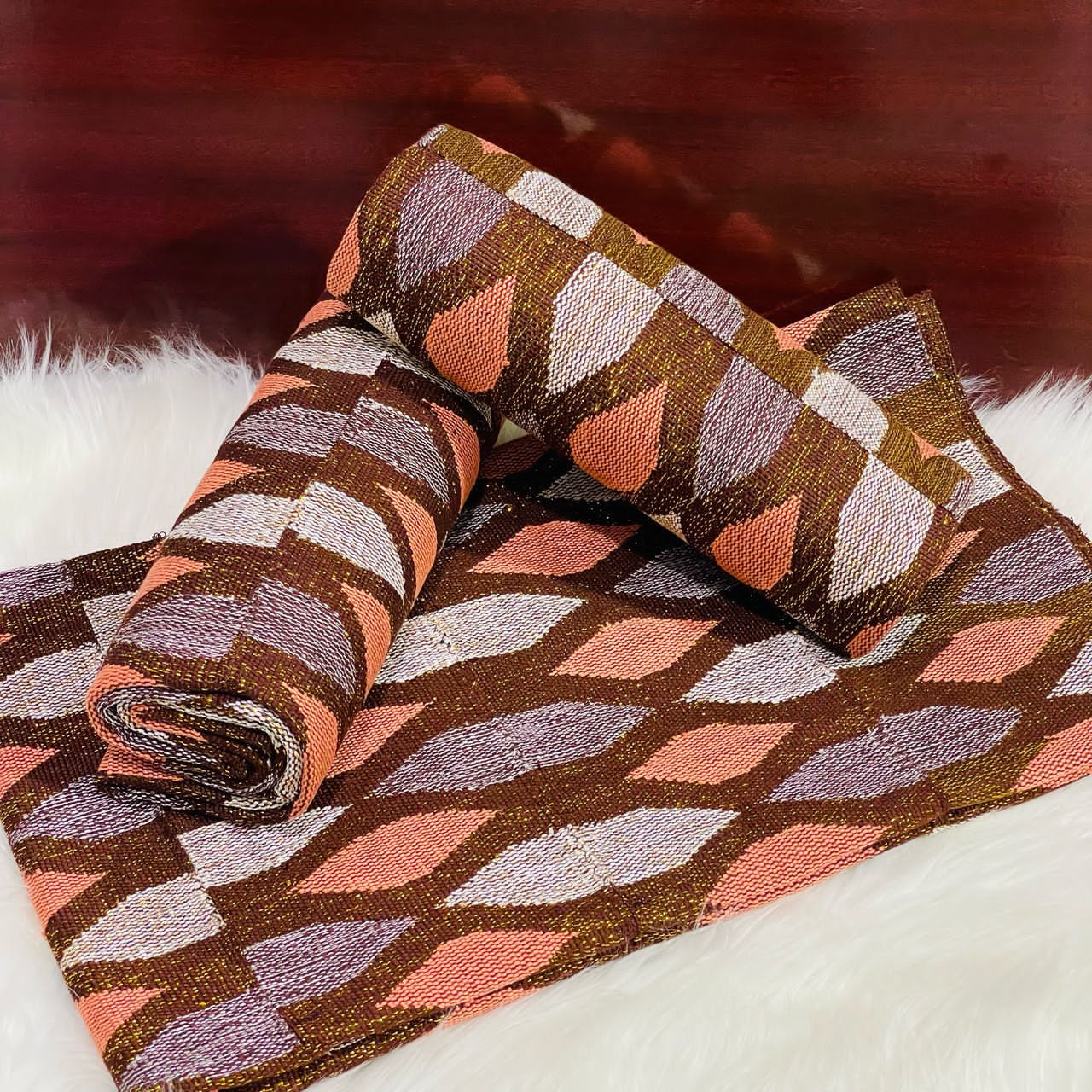 6 Yards Hand Woven Kente Fabric - For woman- FulL Design/plain option-Coffee Brown/Peach