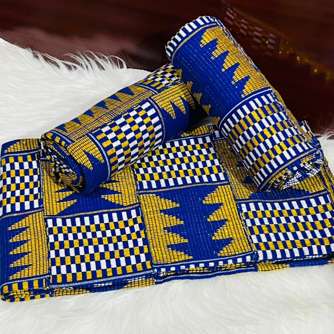 6 Yards Hand Woven Kente Fabric - For woman- FulL Design/plain option-Royal Blue/Gold