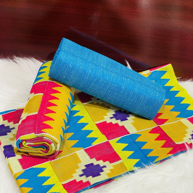 6 Yards Kente Fabric - For woman/Plain Inclusive / light blue / gold