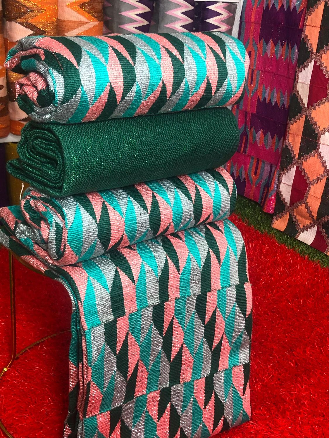 8 Yards Emerald Green/Peach kente Fabric - For Women/plain inclusive/Multicolor