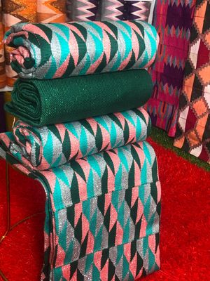 8 Yards Emerald Green/Peach kente Fabric - For Women/plain inclusive/Multicolor