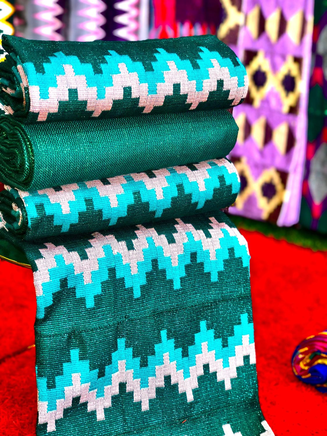 8 Yards Emerald Green/Peach kente Fabric - For Women/plain inclusive/Multicolor