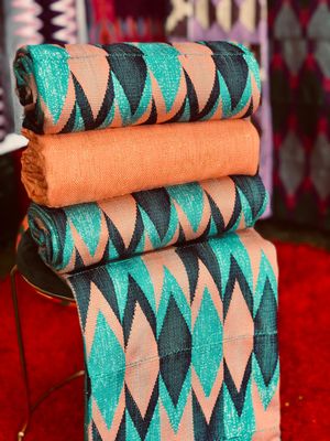 8 Yards Peach/Emerald Green kente Fabric - For Women/plain inclusive/Multicolor