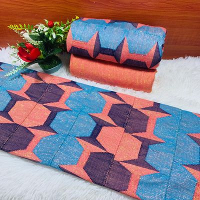 6 Yards Hand Woven Kente Fabric - For woman / Light Peach/Peach/Navy Blue