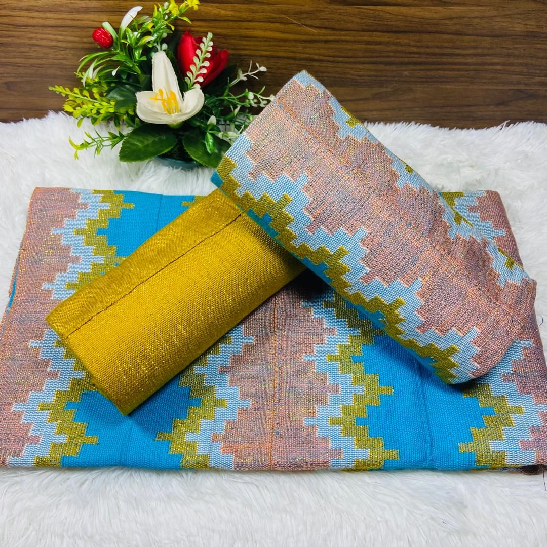 6 Yards Peach &amp; Light Blue Kente Fabric - For woman
