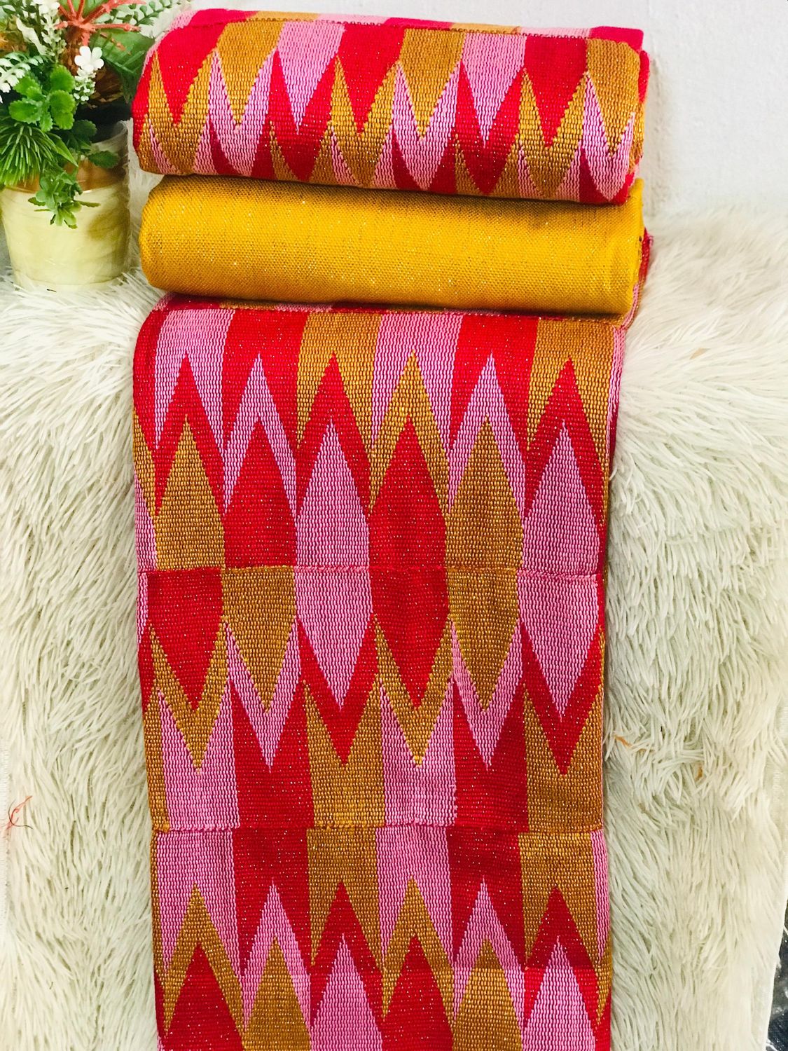 6 Yards Wine/Gold/Baby Pink Kente Fabric - For woman