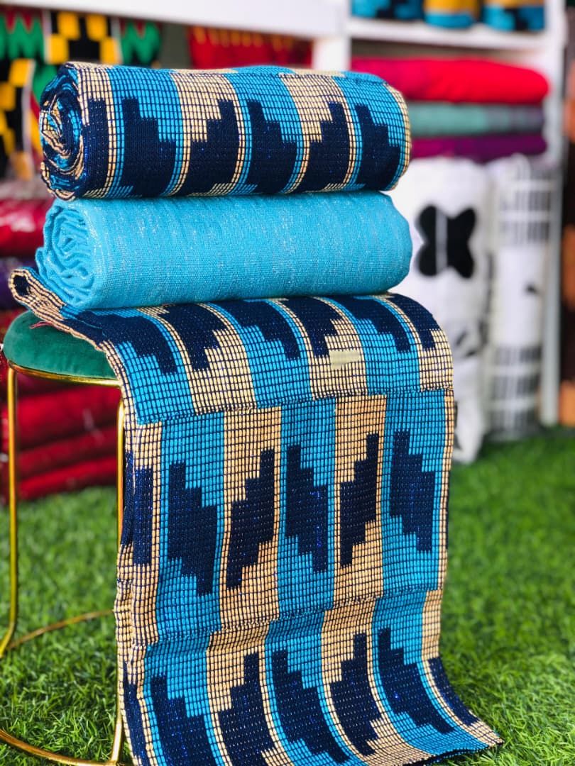 6 Yards Light / Navy Blue Kente Fabric- For women