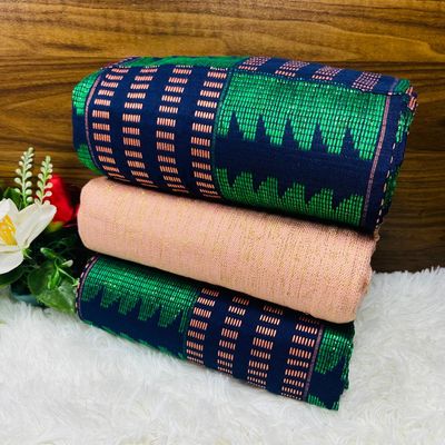 6 Yards Navy Blue / Peach Kente Fabric- women only