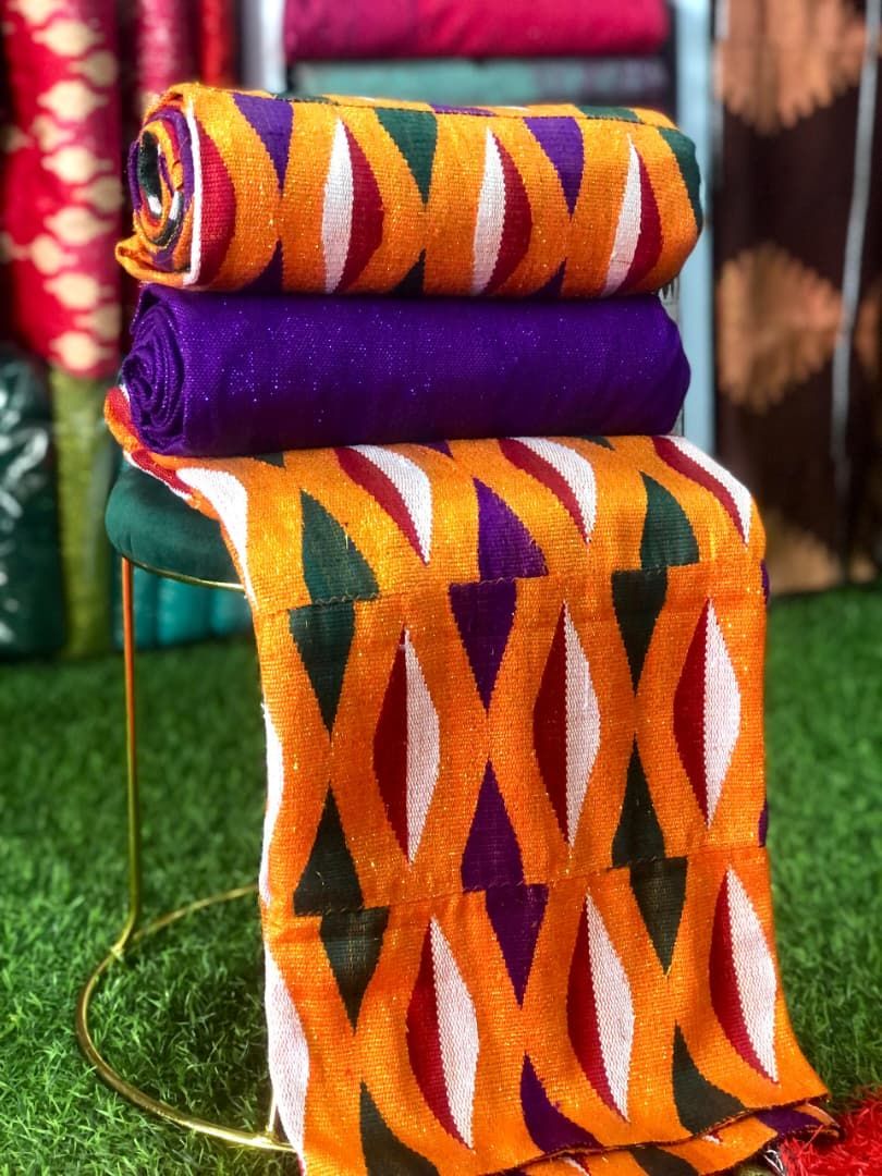 6 Yards Orange Kente Fabric - For woman/ violet