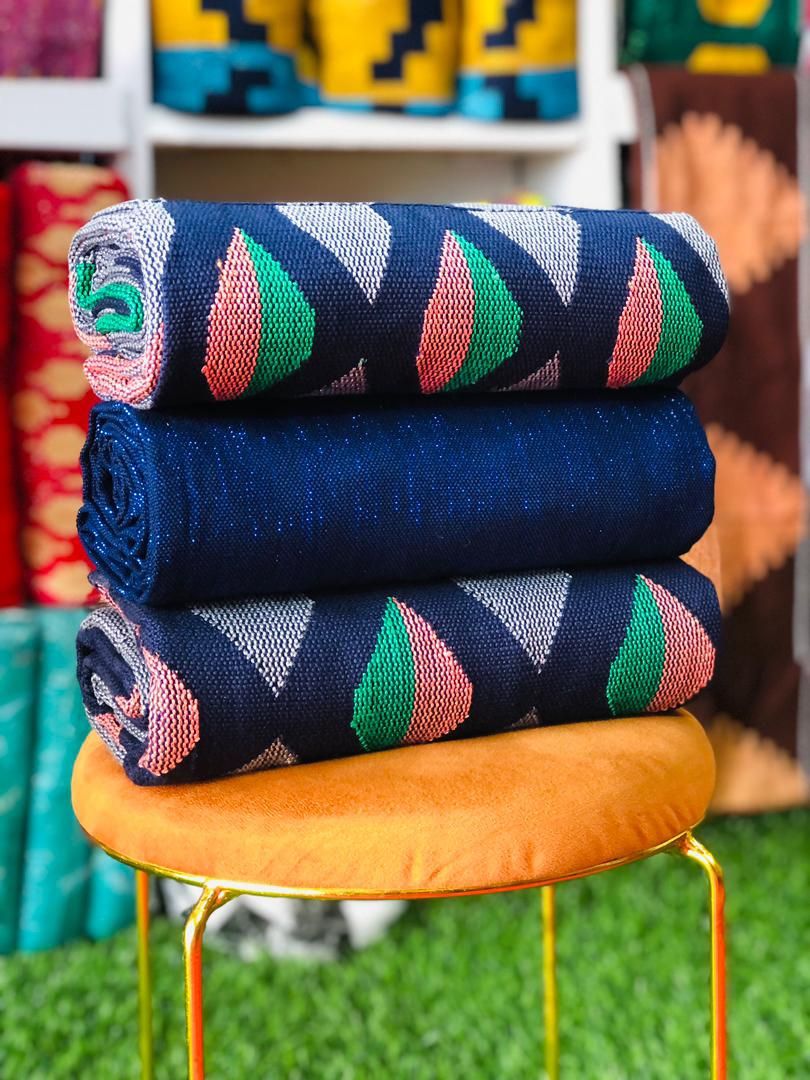 6 Yards Navy Blue / Peach Kente Fabric - For woman