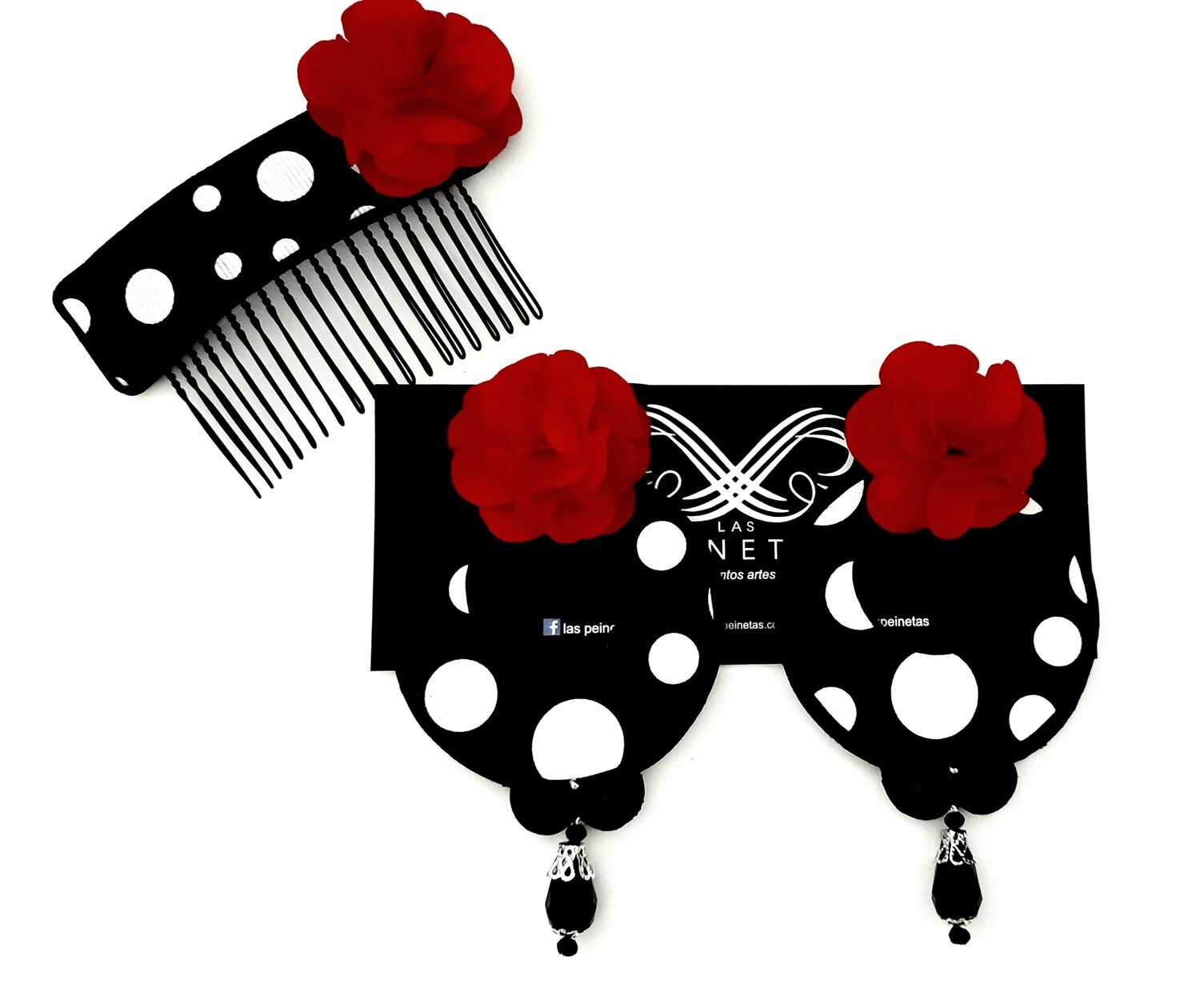 Conjunto lunares y flor roja