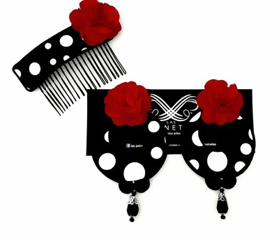 Conjunto lunares y flor roja