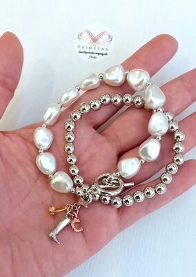 Pulsera doble elástica perlas y colgante