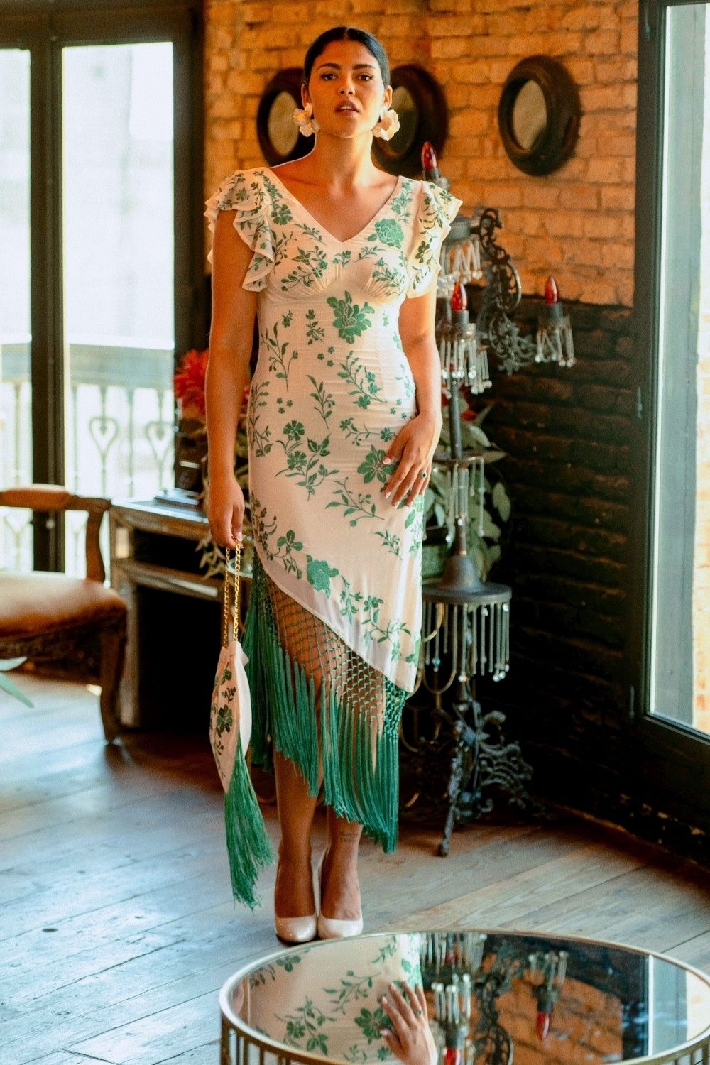 Vestido Jazmin beige y verde
