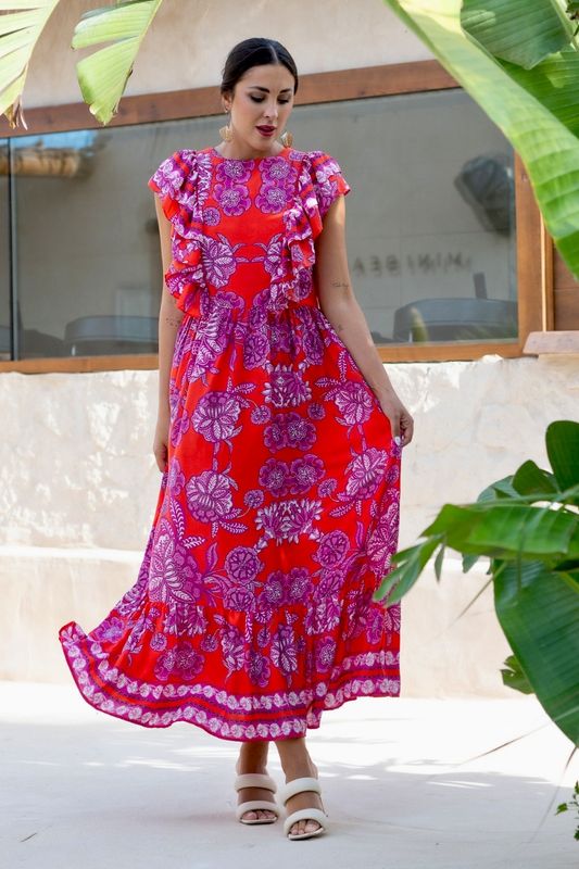 Vestido coral y morado 