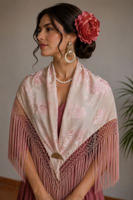 Mantón bordado rosa