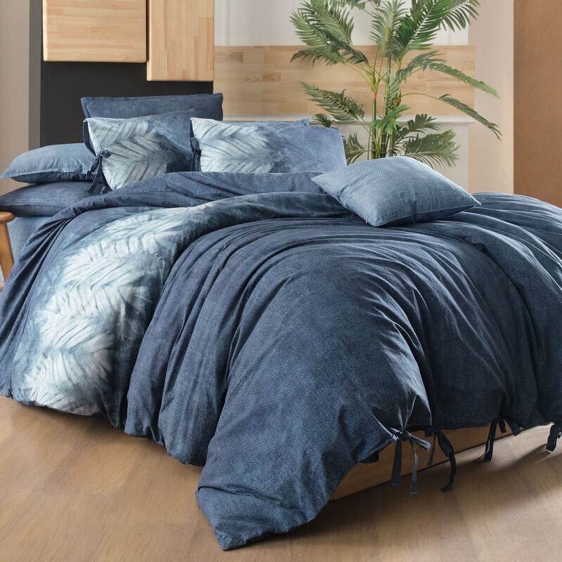 Комплект постельного белья синего цвета с завязками из 4 предметов 2 спальный евро