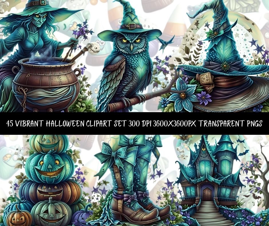 45 Vibrant Halloween Clipart Set PNG | Witch Owl Pumpkin Haunted House | 300 DPI Transparent PNGs