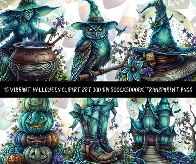 45 Vibrant Halloween Clipart Set PNG | Witch Owl Pumpkin Haunted House | 300 DPI Transparent PNGs