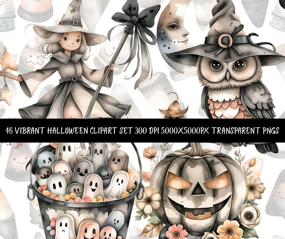 Halloween Clipart Bundle | 46 Spooky Cute PNGs | Witch Owl Ghost Pumpkin Digital Download