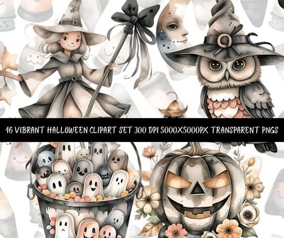 Halloween Clipart Bundle | 46 Spooky Cute PNGs | Witch Owl Ghost Pumpkin Digital Download