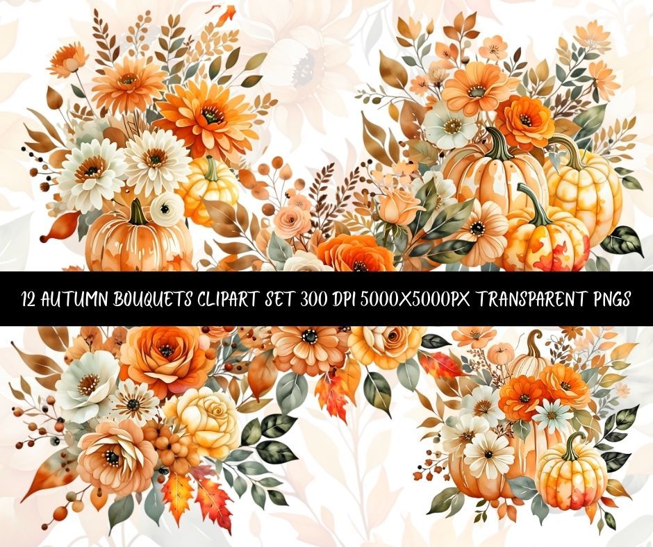 Autumn Bouquet Clipart Set | 12 Fall Floral Pumpkin PNGs | Watercolor Thanksgiving Bouquet Digital Download