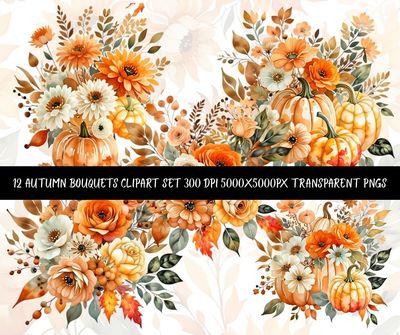Autumn Bouquet Clipart Set | 12 Fall Floral Pumpkin PNGs | Watercolor Thanksgiving Bouquet Digital Download