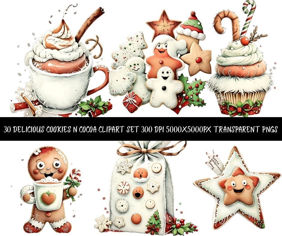 30 Christmas Cookie &amp; Cocoa Clipart | Holiday Hot Chocolate PNG Set | Gingerbread Cupcake Art | Digital Download
