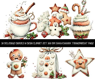 30 Christmas Cookie &amp; Cocoa Clipart | Holiday Hot Chocolate PNG Set | Gingerbread Cupcake Art | Digital Download