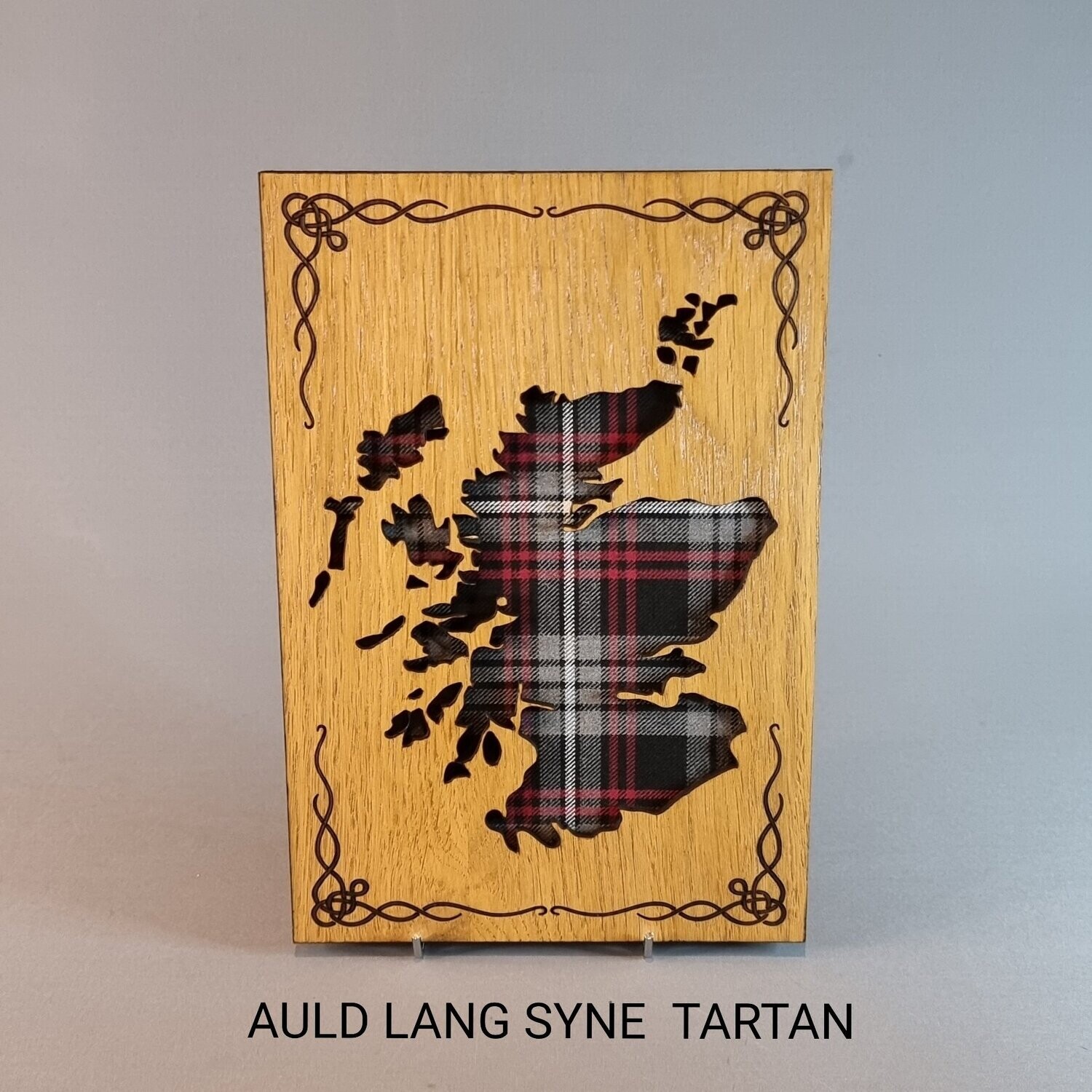 Scotland Map Oak Frame With Tartan & Celtic Knot Design, Tartans: Auld Lang Syne Tartan