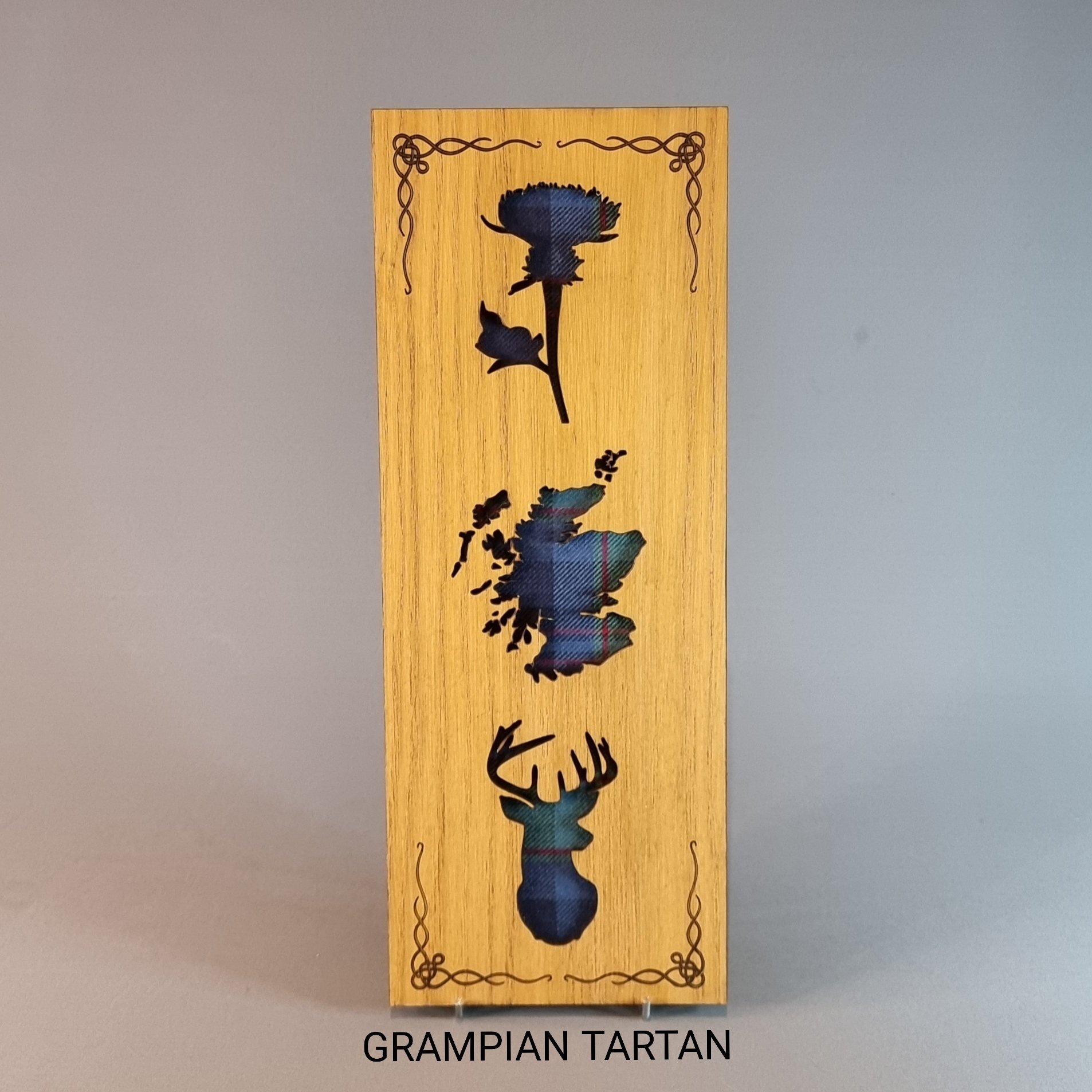 Scottish Portrait Style Oak Frame With Tartan & Thistle, Scotland & Stag  - Celtic Knot Design