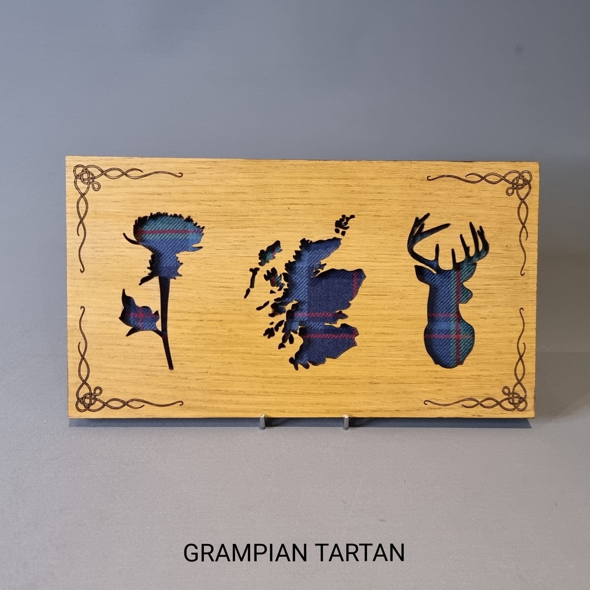 Scottish Landscape Style Oak Frame With Tartan &  Thistle, Scotland & Stag - Celtic Knot Design