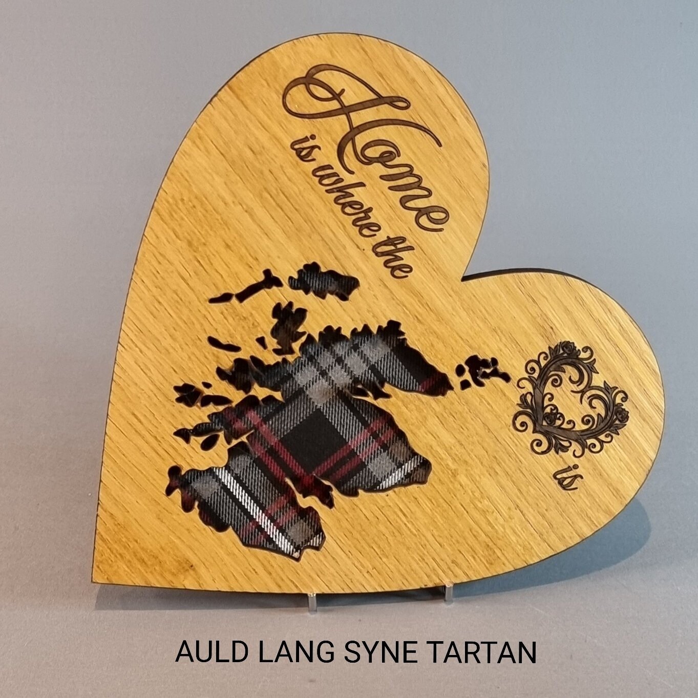 Scotland Map Heart Oak Frame With Tartan & "Home is where the heart is" Quote