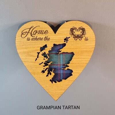 Scotland Map Heart Oak Frame With Tartan & "Home is where the heart is" Quote
