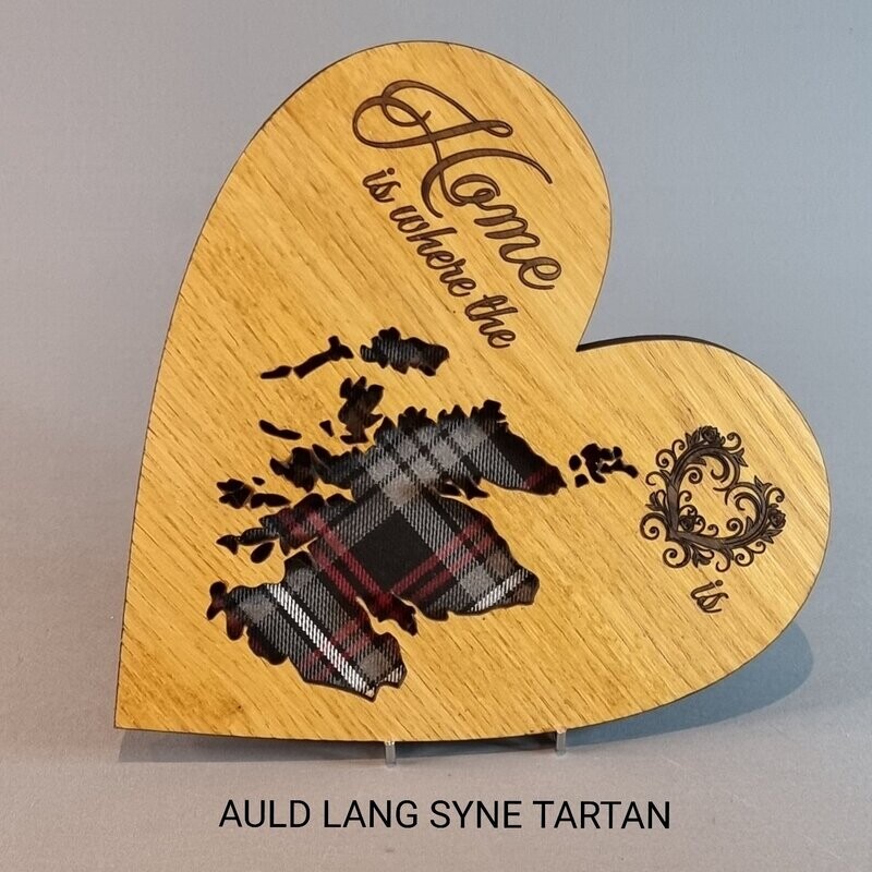 Scotland Map Heart Oak Frame With Tartan & "Home is where the heart is" Quote, Tartans: Auld Lang Syne Tartan