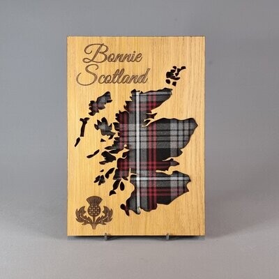 Scotland Map Oak Frame With Tartan & "Bonnie Scotland" Quote