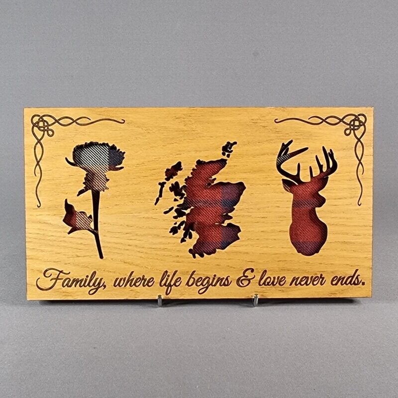 Scottish Landscape Style Oak Frame With Tartan & Thistle, Scotland & Stag - "Family, where life begins & love never ends" Quote.