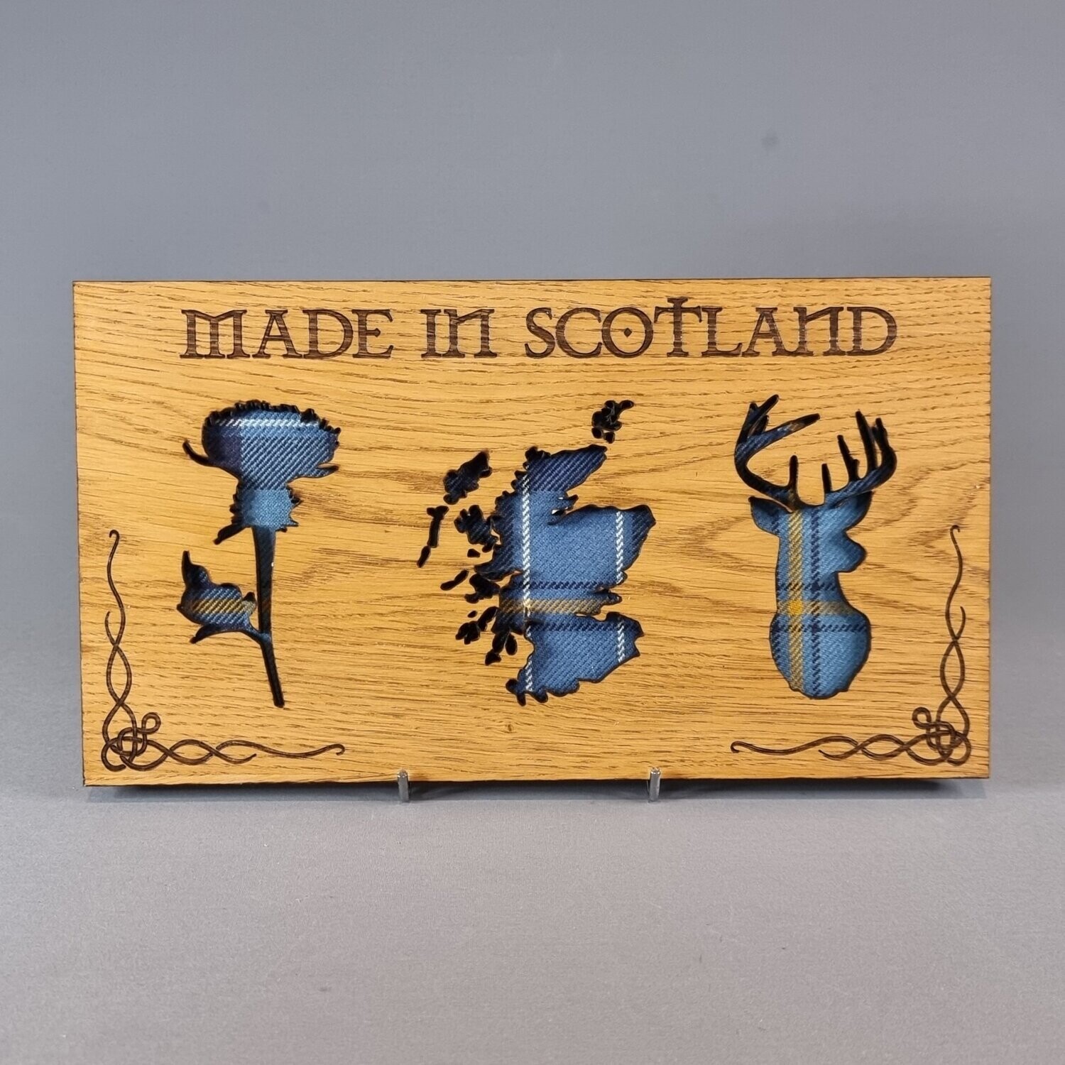 Scottish Landscape Style Oak Frame With Tartan & Thistle, Scotland & Stag - "MADE IN SCOTLAND" Quote