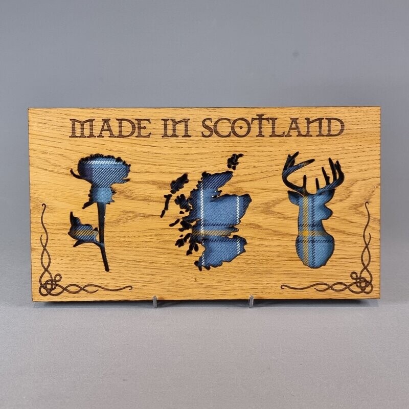 Scottish Landscape Style Oak Frame With Tartan & Thistle, Scotland & Stag -  "MADE IN SCOTLAND" Quote