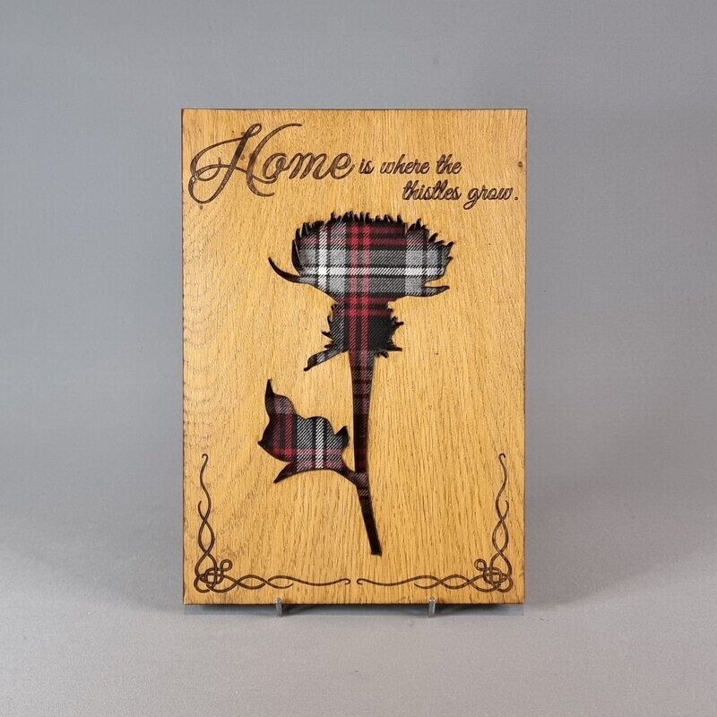 Scottish Thistle Oak Frame with Tartan & "Home is where the thistles grow" Quote