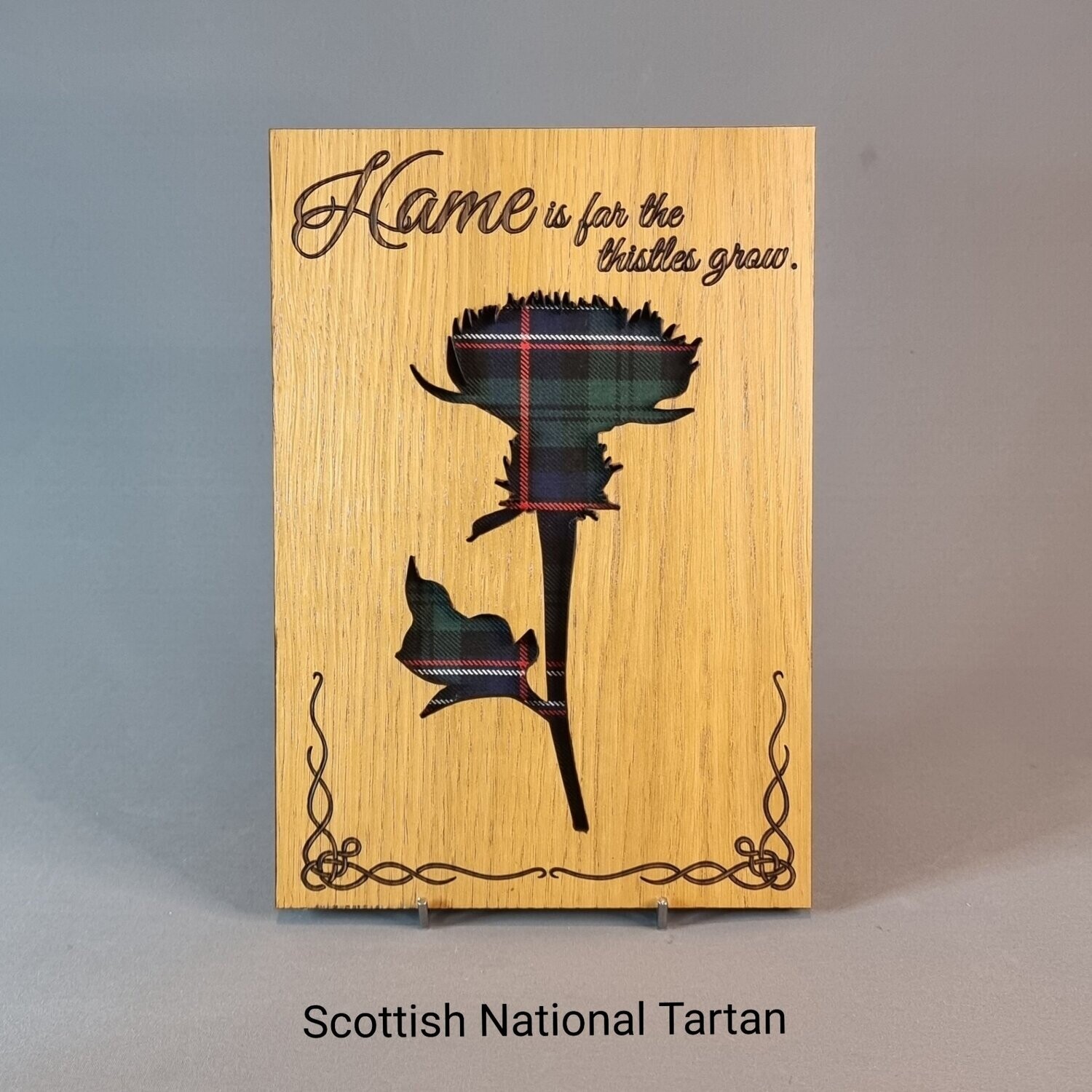 Scottish Thistle Oak Frame With Tartan & "Hame is far the thistle grows" Quote.