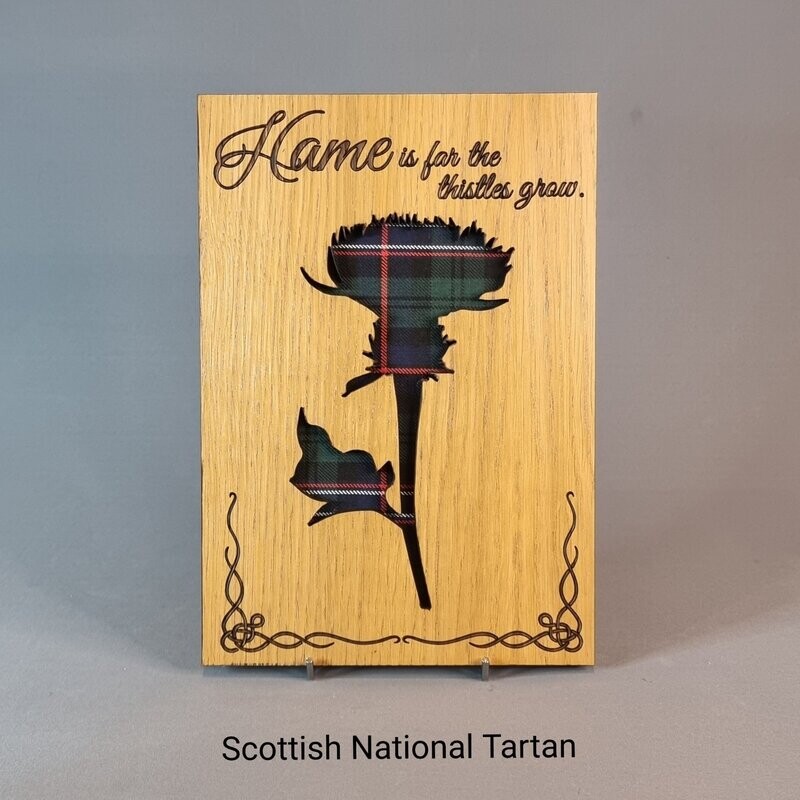 Scottish Thistle Oak Frame With Tartan & "Hame is far the thistle grows" Quote.