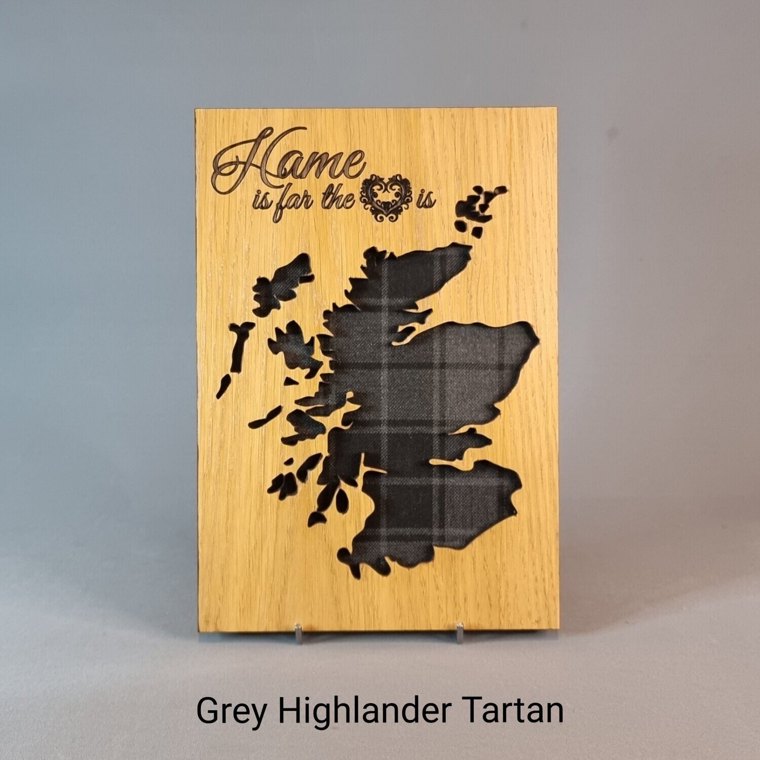 Scotland Map Oak Frame With Tartan & "Hame is far the heart is" Quote