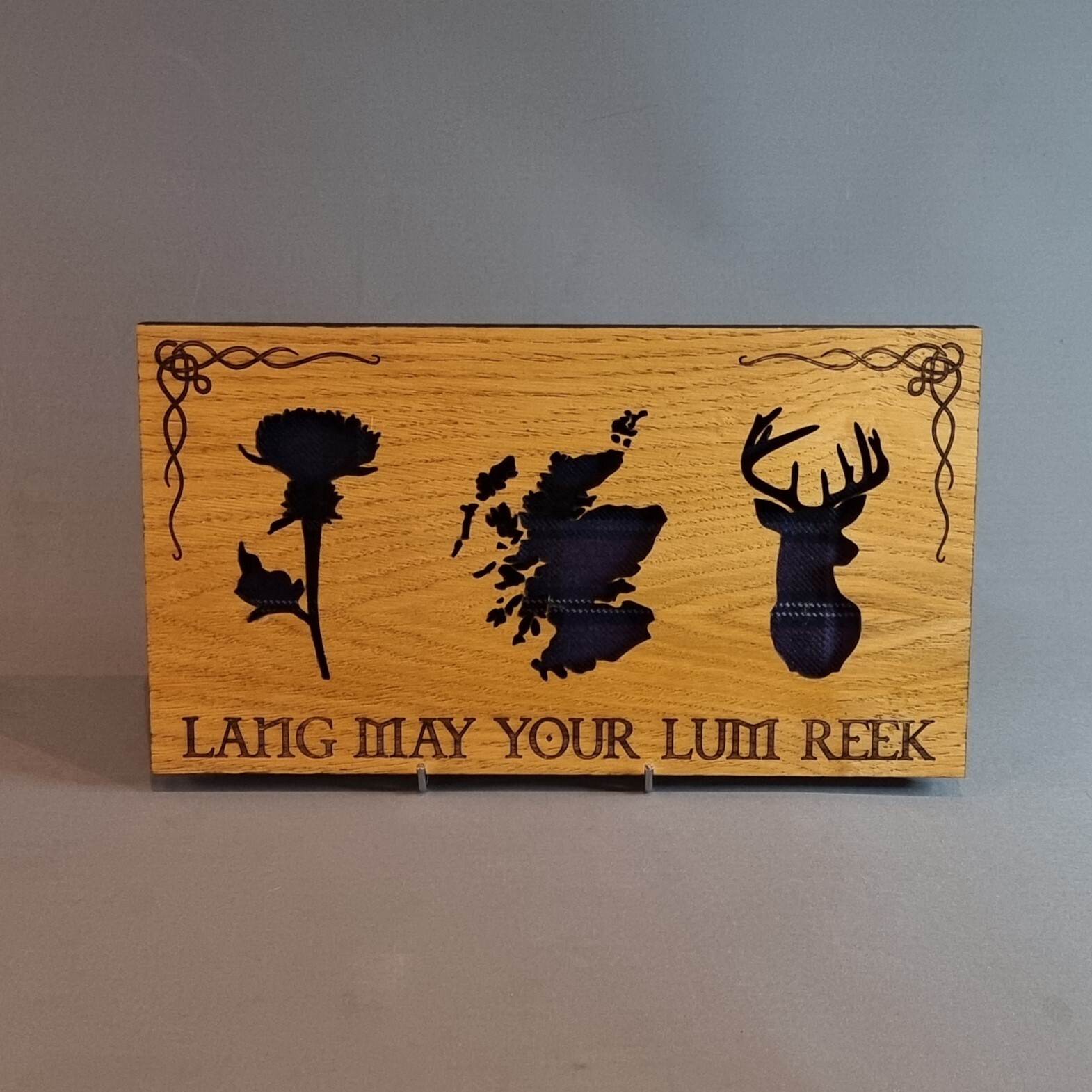 Scottish Landscape Style Oak Frame With Tartan & Thistle, Scotland & Stag -