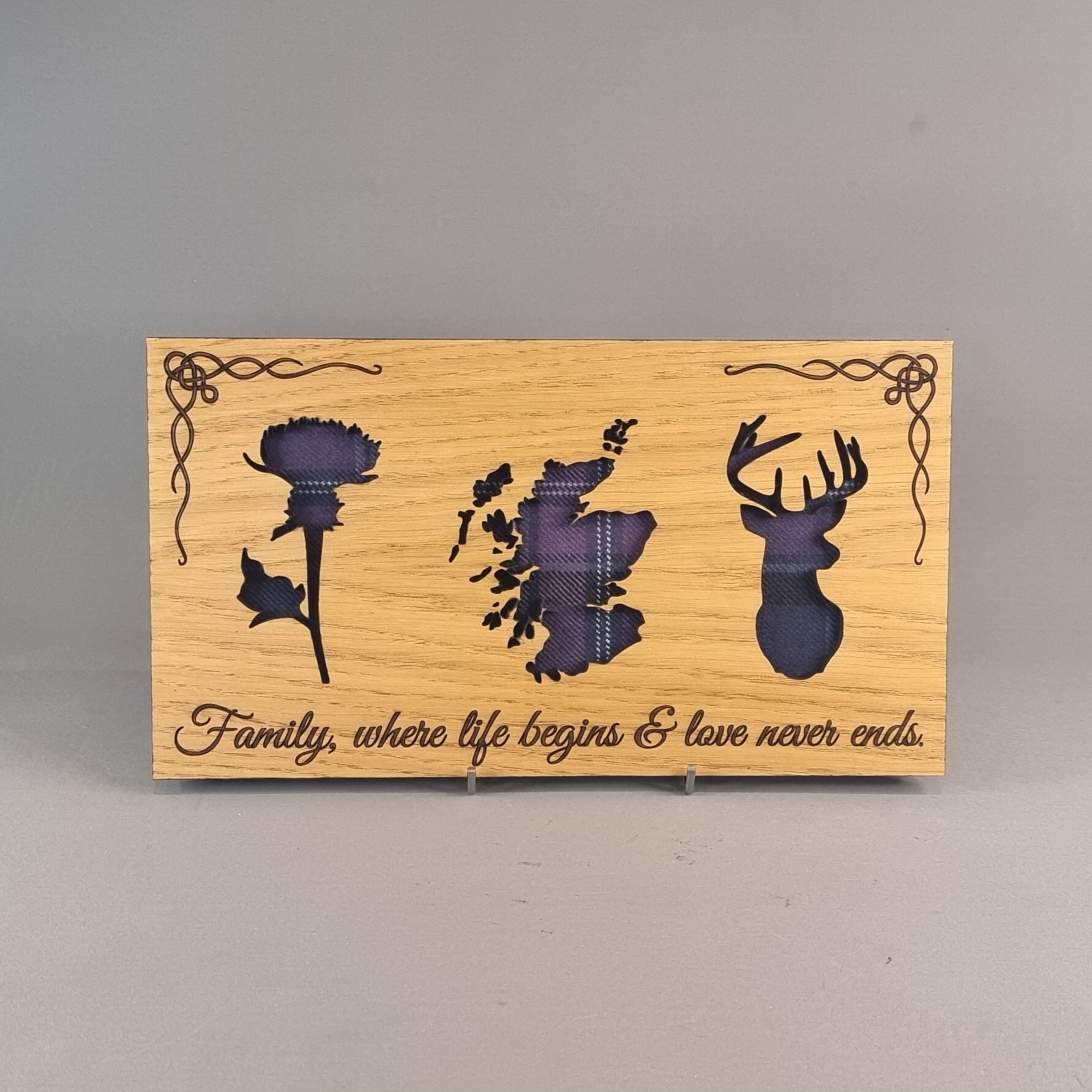 Scottish Landscape Style Oak Frame With Tartan & Thistle, Scotland & Stag -