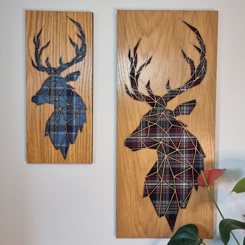 Tartan Geo stag in oak frame