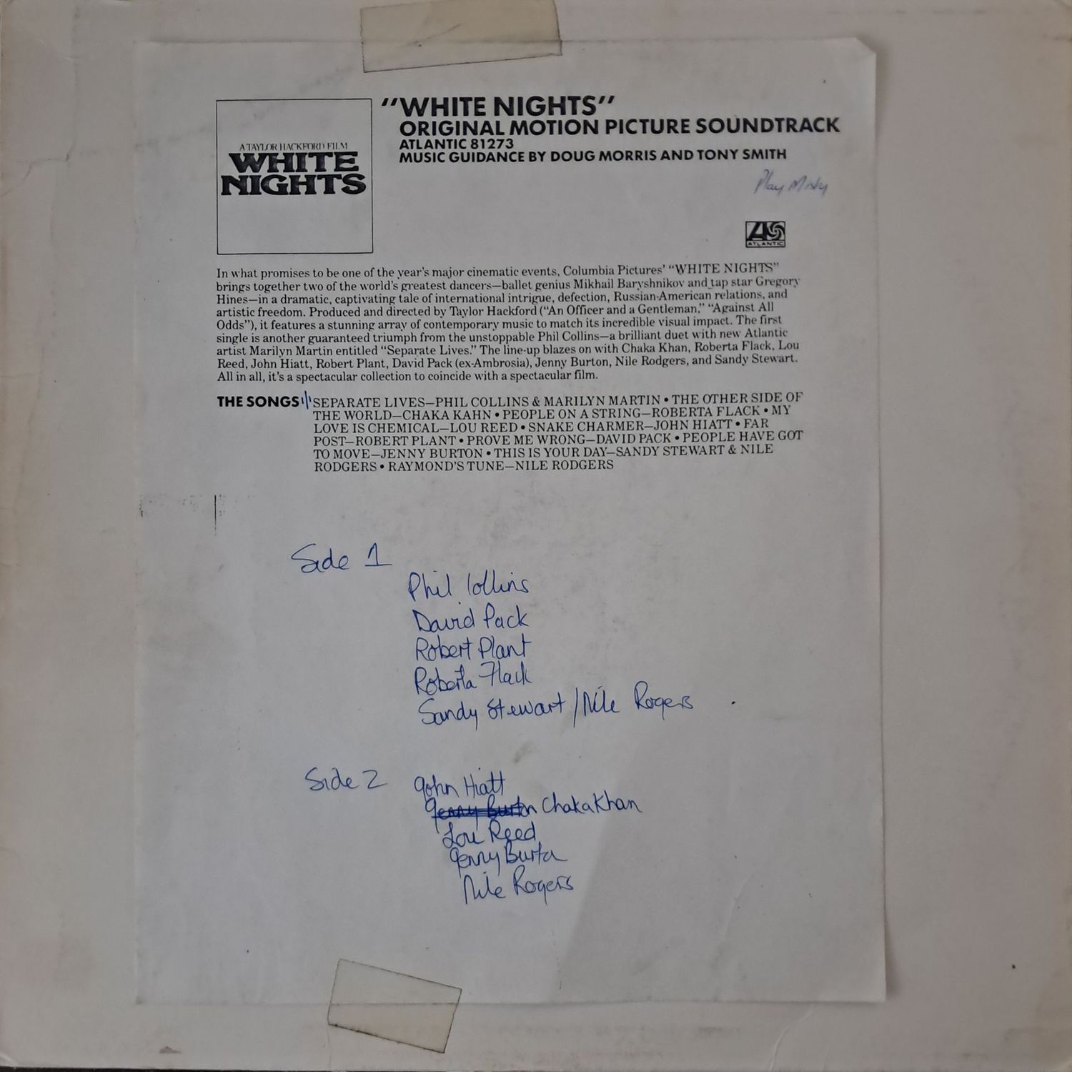 Various – White Nights: Original Motion Picture Soundtrack (US Pressing) (Test Pressing) (1985)