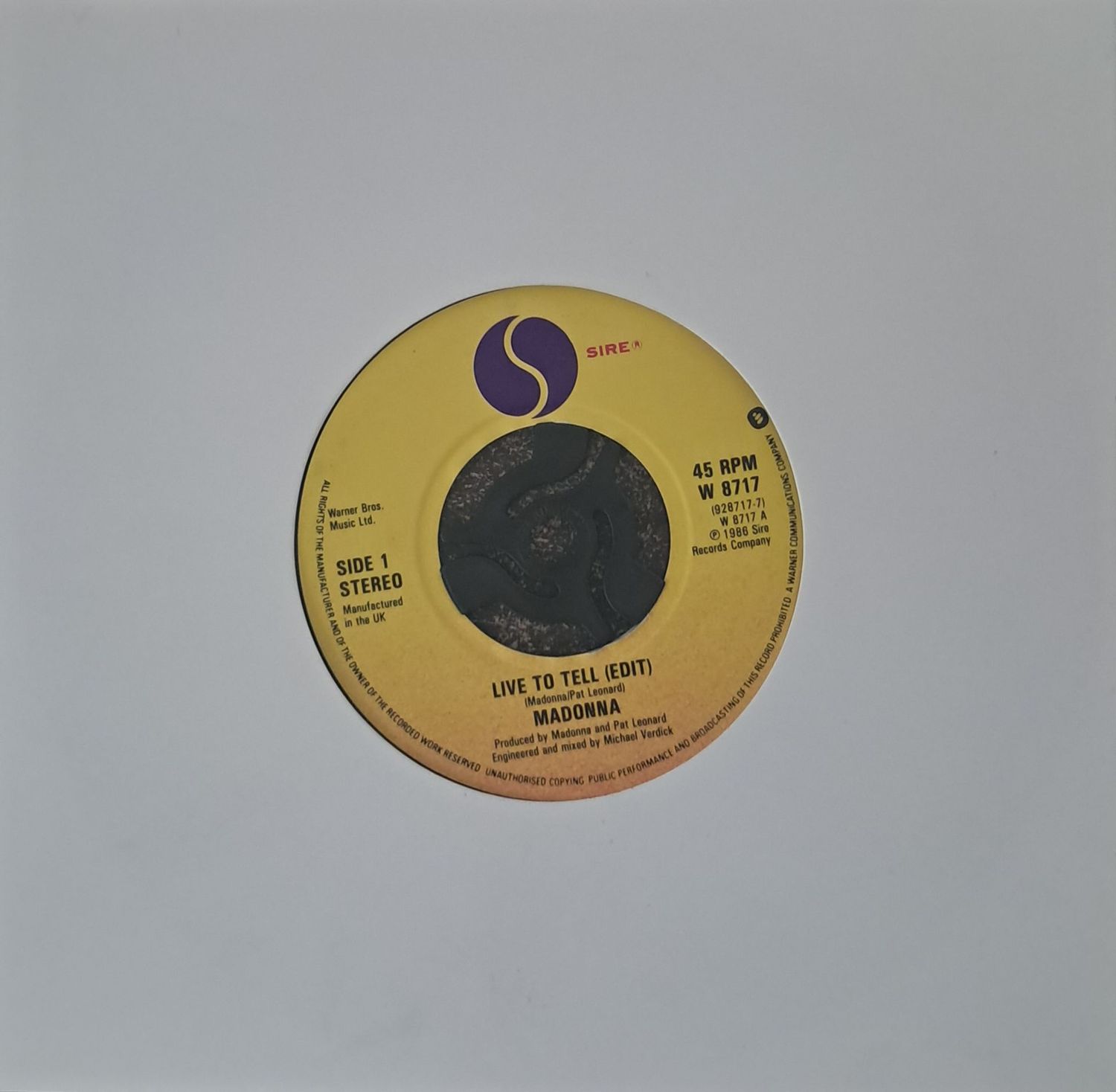 Madonna – Live To Tell (7"Single - UK Pressing - 1986)