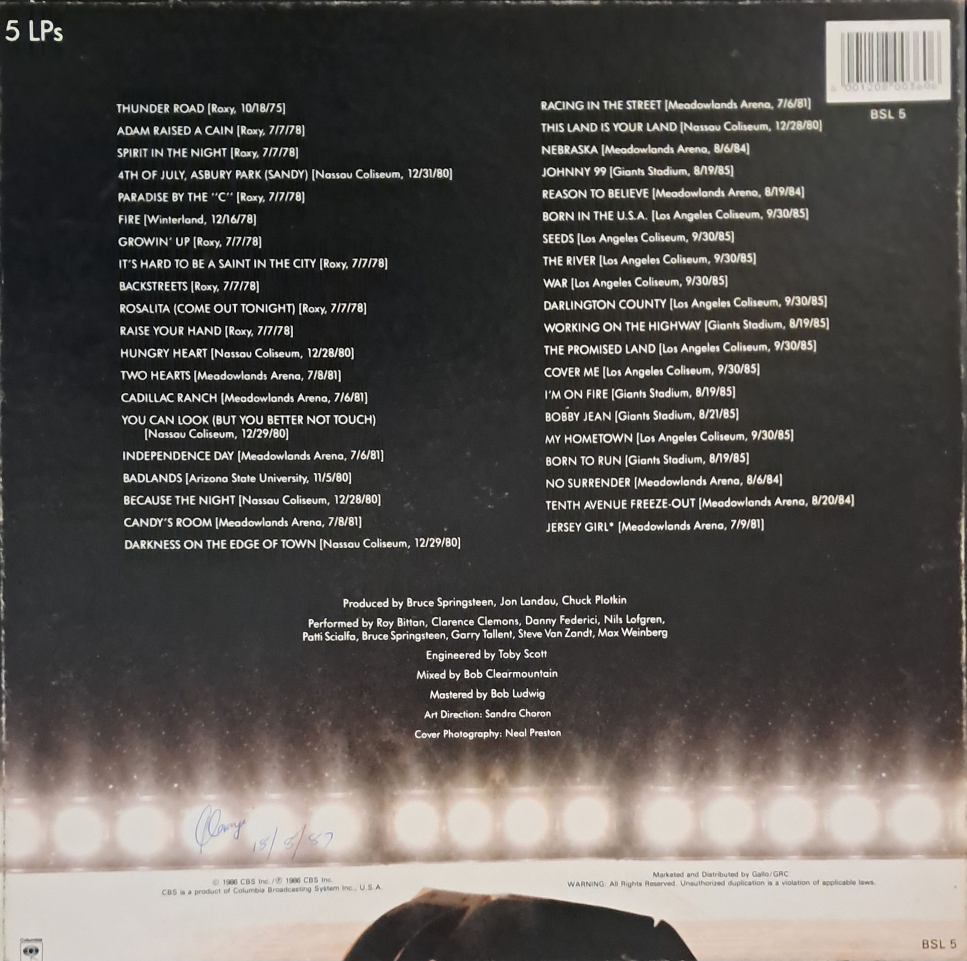 Bruce Springsteen & The E-Street Band – Live / 1975-85 (5XLP - Box Set - 1986)